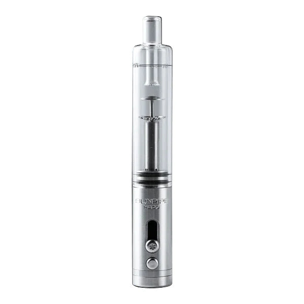 Front view of the Sunakin Sunpipe H20G hybrid water pipe in sleek silver. This highly portable dry herb device features a built-in glass water bubbler to deliver cool, smooth, and perfectly filtered hits on the go.