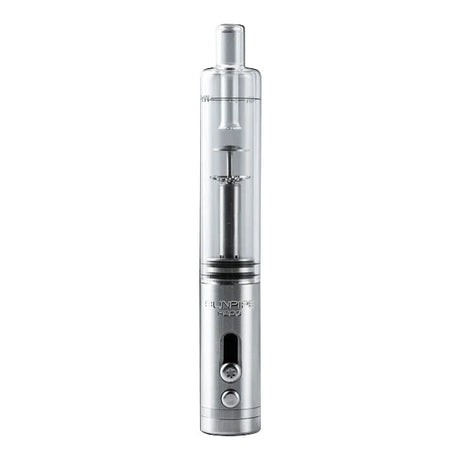 Front view of the Sunakin Sunpipe H20G hybrid water pipe in sleek silver. This highly portable dry herb device features a built-in glass water bubbler to deliver cool, smooth, and perfectly filtered hits on the go.