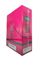 Angled overhead view of the Swisher Sweets BLK Pipe Tip Berry cigarillos box in dark black and blue-purple. These premium pipe-tobacco cigarillos feature a plastic pipe tip and come in a wholesale 15-count box of 2-packs, perfect for retail counter displays.