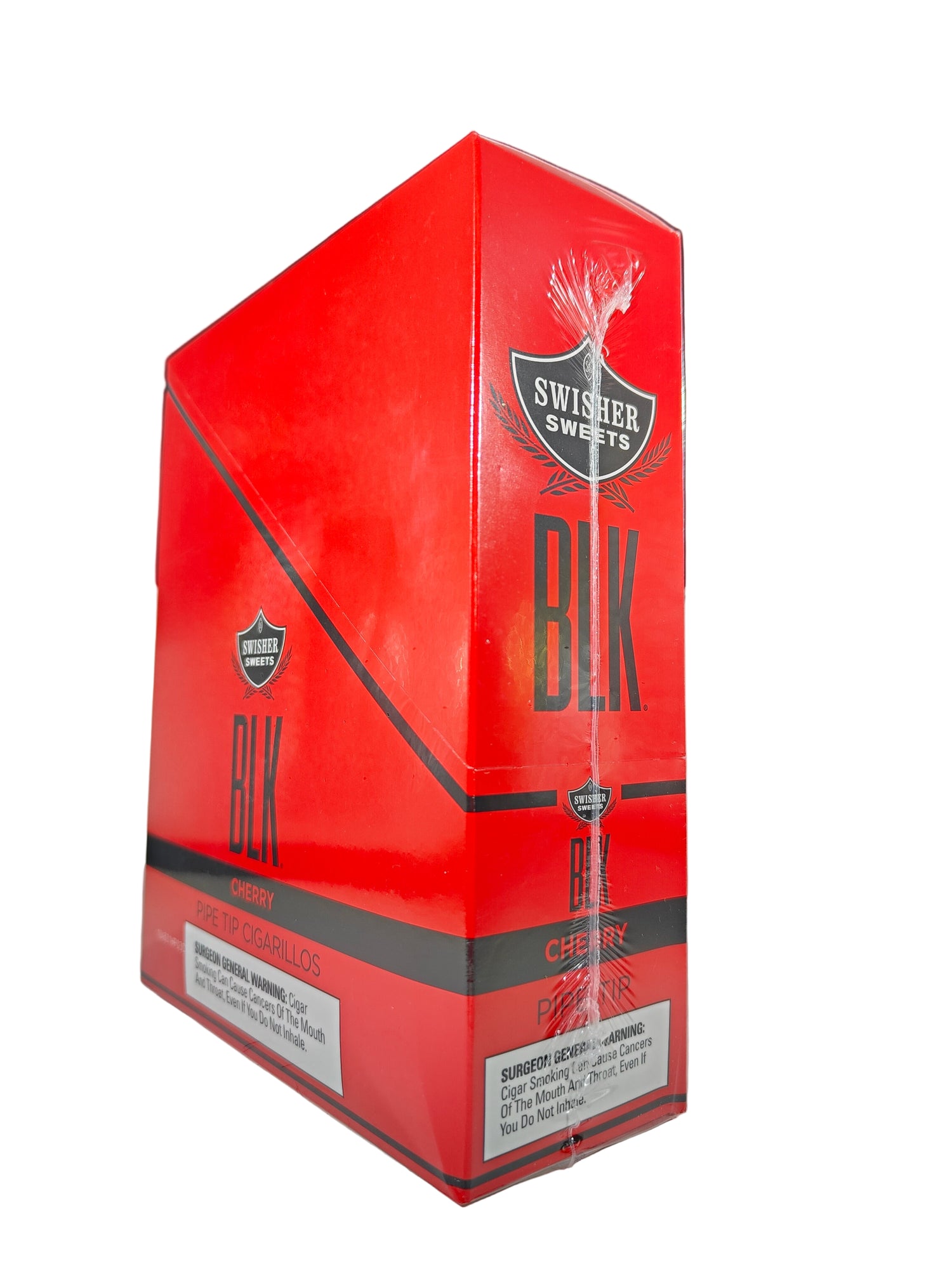 Front view of the Swisher Sweets BLK Pipe Tip Cherry cigarillos box in dark black and red. These premium pipe-tobacco cigarillos feature a plastic pipe tip and come in a wholesale 15-count box of 2-packs, perfect for retail counter displays.
