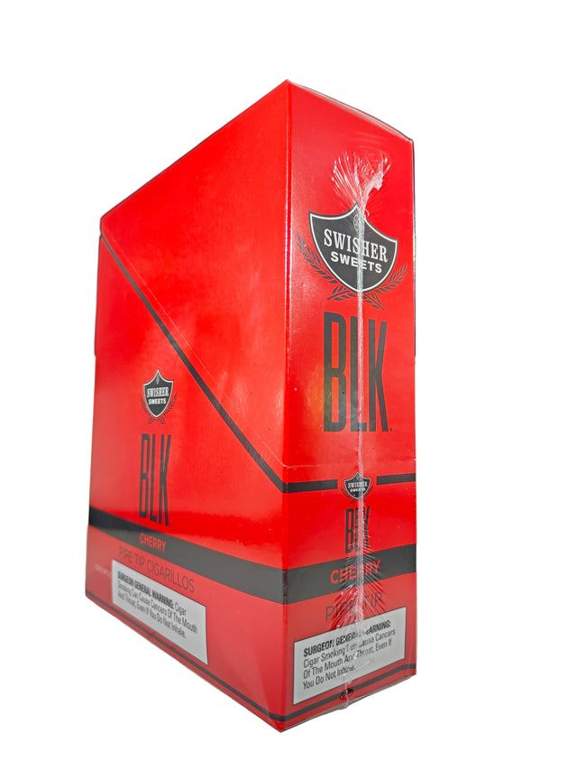 Front view of the Swisher Sweets BLK Pipe Tip Cherry cigarillos box in dark black and red. These premium pipe-tobacco cigarillos feature a plastic pipe tip and come in a wholesale 15-count box of 2-packs, perfect for retail counter displays.