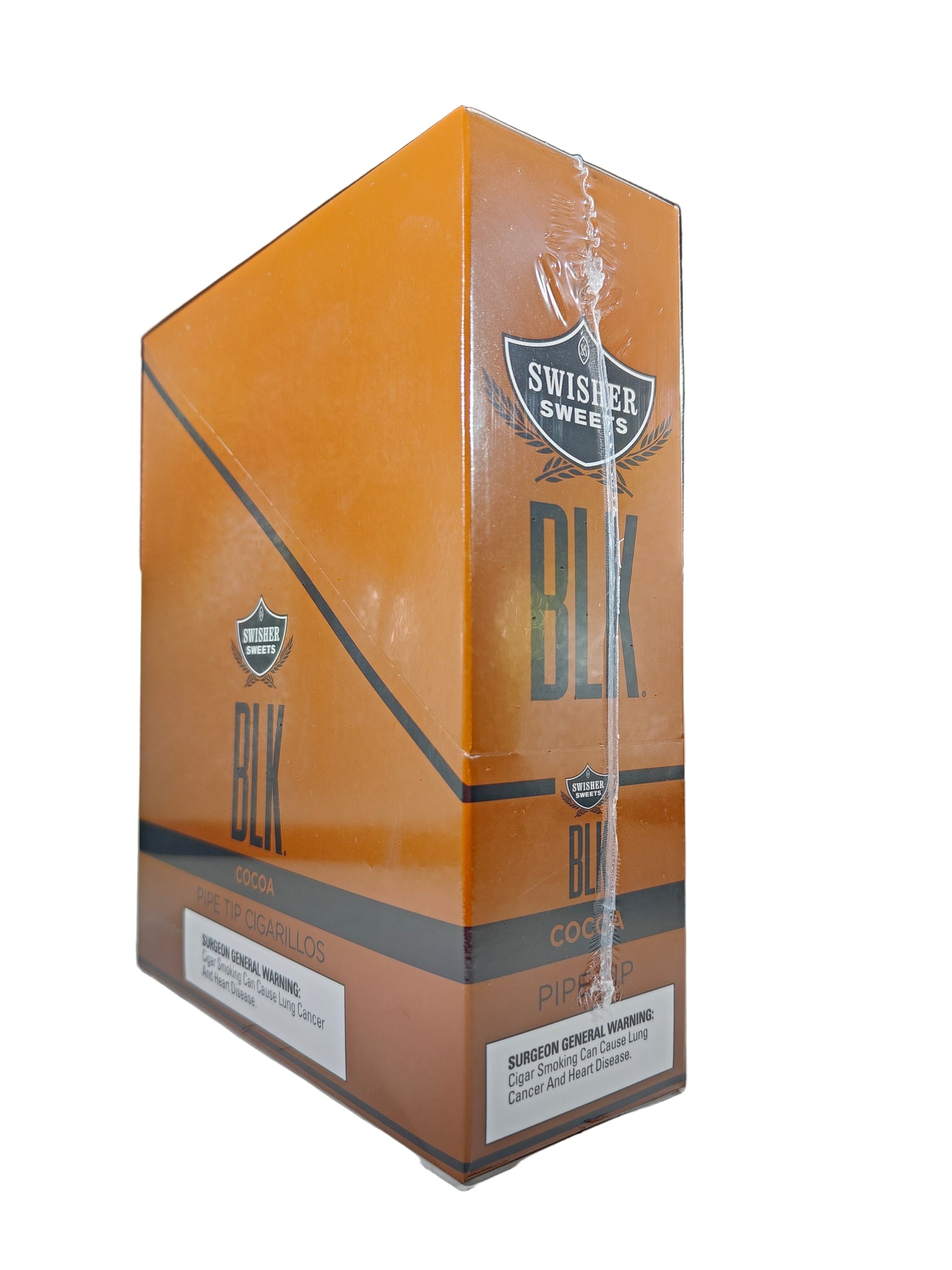 Front view of the Swisher Sweets BLK Pipe Tip Cocoa cigarillos box in dark black and rich brown. These premium pipe-tobacco cigarillos feature a plastic pipe tip and come in a wholesale 15-count box of 2-packs, perfect for retail counter displays.