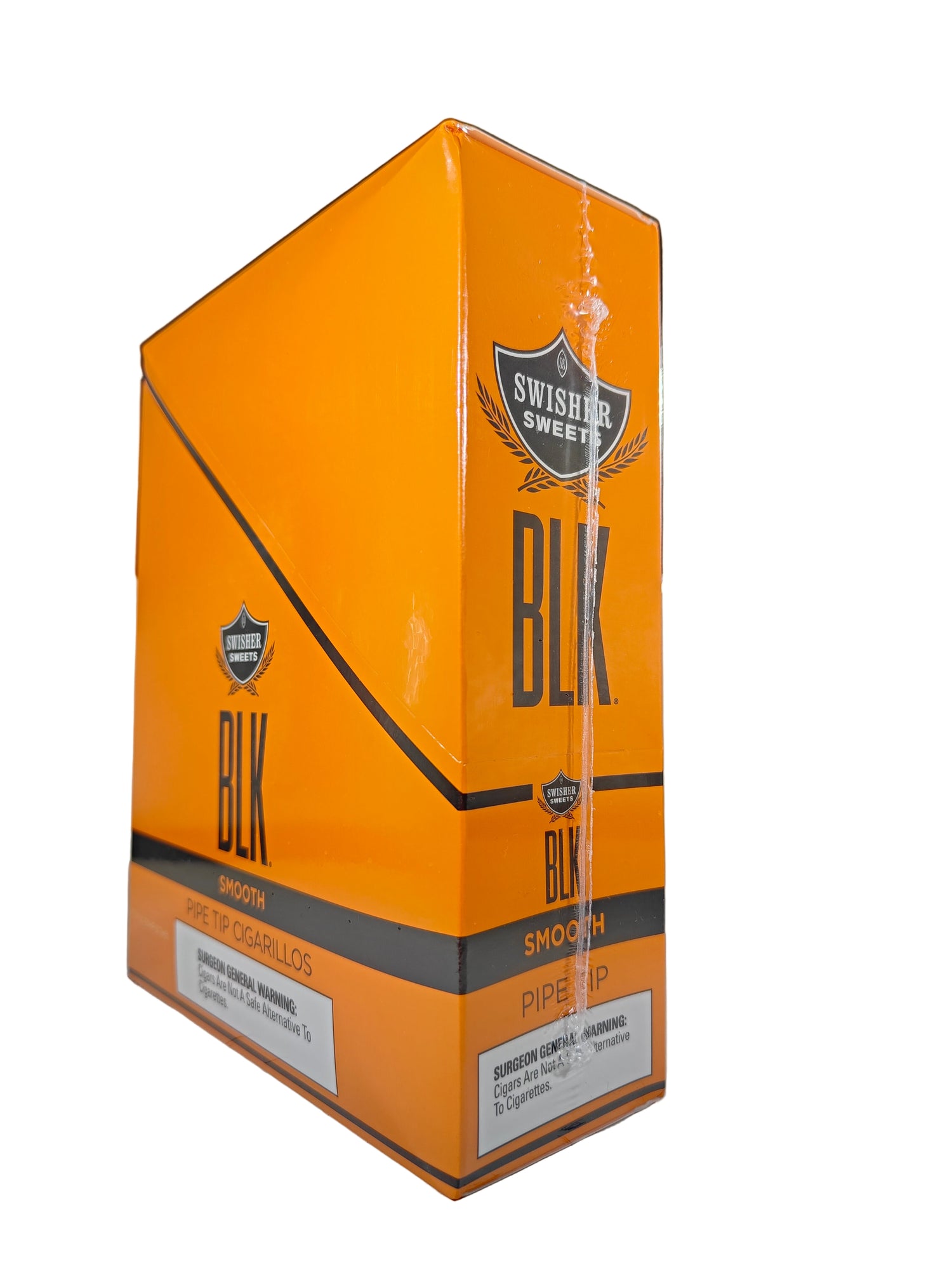 Angled front view of the Swisher Sweets BLK Pipe Tip Smooth cigarillos box in sleek black and silver. These premium pipe-tobacco cigarillos feature a plastic pipe tip and come in a wholesale 15-count box of 2-packs, perfect for retail counter displays.