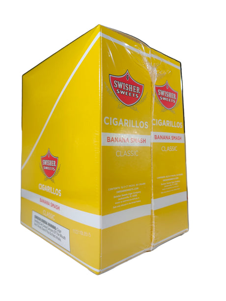 Front view of the Swisher Sweets Banana Smash cigarillos box in bright yellow and white. These classic machine-made cigarillos come in a wholesale 15-count box of 2-packs, perfect for retail counter displays.