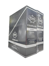 Front view of the Swisher Sweets Black cigarillos box in dark black and white. These classic machine-made cigarillos come in a wholesale 15-count box of 2-packs, perfect for retail counter displays.