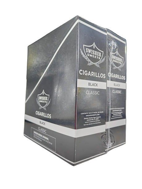 Front view of the Swisher Sweets Black cigarillos box in dark black and white. These classic machine-made cigarillos come in a wholesale 15-count box of 2-packs, perfect for retail counter displays.