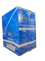 Angled front view of the Swisher Sweets Blueberry cigarillos box in deep blue and white. These classic machine-made cigarillos come in a wholesale 15-count box of 2-packs, perfect for retail counter displays.