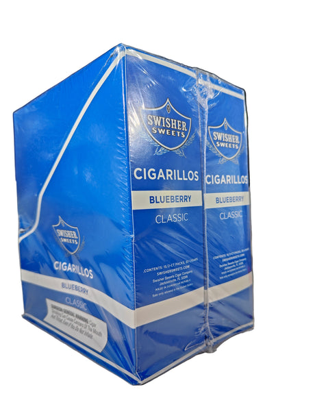 Angled front view of the Swisher Sweets Blueberry cigarillos box in deep blue and white. These classic machine-made cigarillos come in a wholesale 15-count box of 2-packs, perfect for retail counter displays.