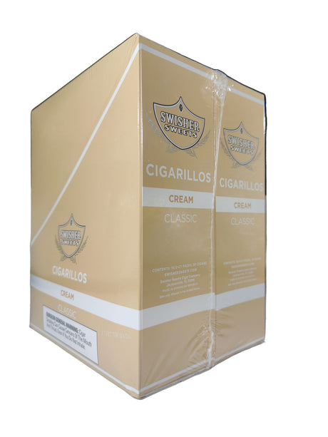 Front view of the Swisher Sweets Cream cigarillos box in creamy off-white and brown. These classic machine-made cigarillos come in a wholesale 15-count box of 2-packs, perfect for retail counter displays.