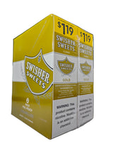 Angled overhead view of the Swisher Sweets Gold cigarillos box in metallic gold and white. These classic machine-made cigarillos come in a wholesale 15-count box of 2-packs, perfect for retail counter displays.