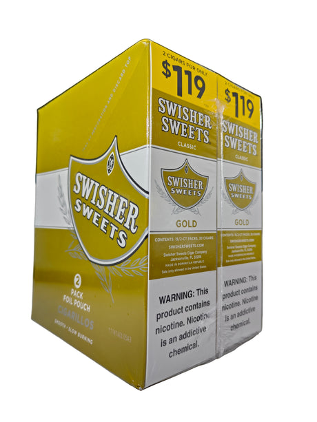 Angled overhead view of the Swisher Sweets Gold cigarillos box in metallic gold and white. These classic machine-made cigarillos come in a wholesale 15-count box of 2-packs, perfect for retail counter displays.