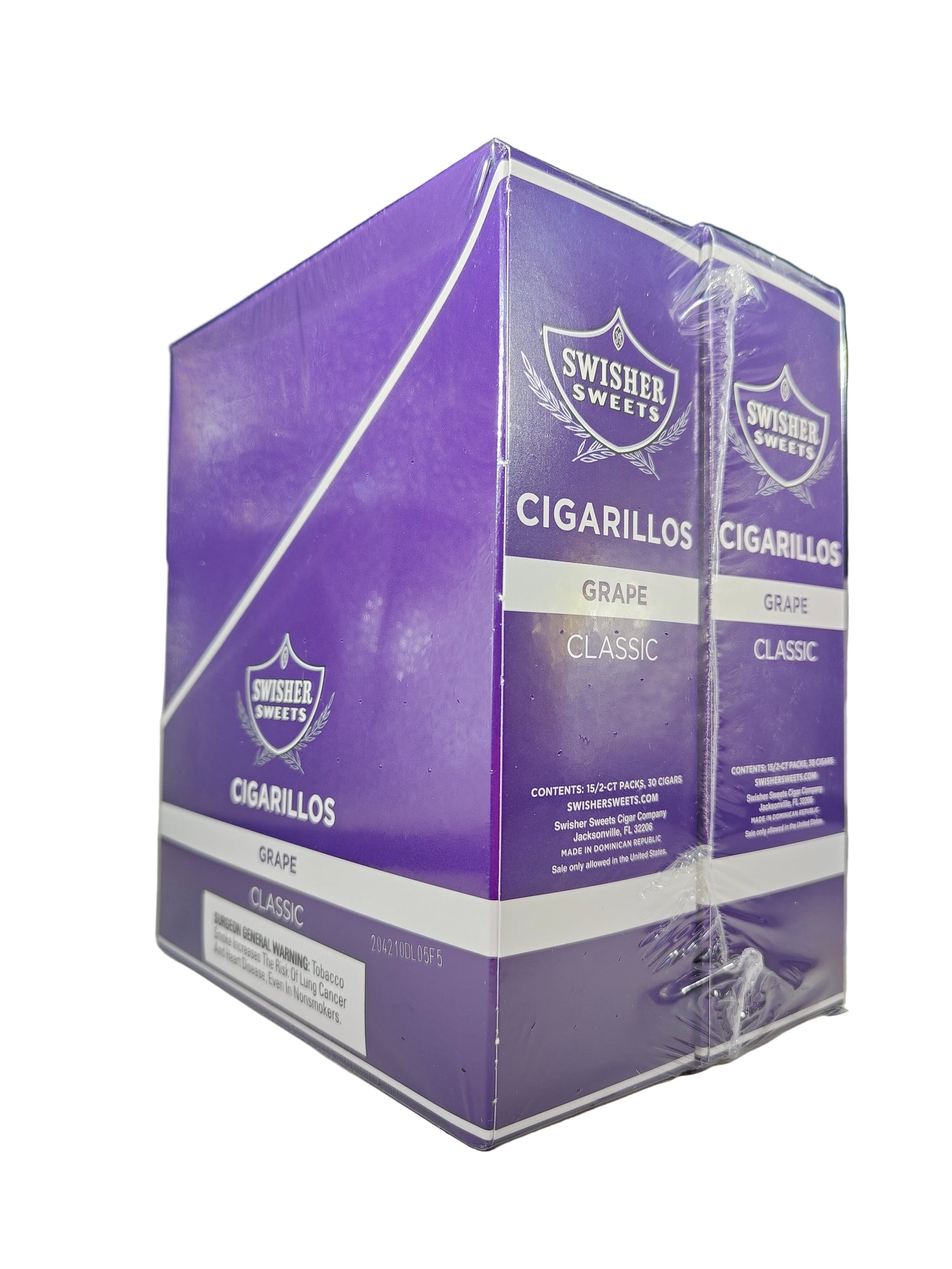Angled overhead view of the Swisher Sweets Grape cigarillos box in vibrant purple and white. These classic machine-made cigarillos come in a wholesale 15-count box of 2-packs, perfect for retail counter displays.