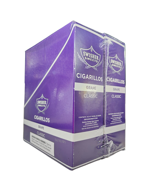 Angled overhead view of the Swisher Sweets Grape cigarillos box in vibrant purple and white. These classic machine-made cigarillos come in a wholesale 15-count box of 2-packs, perfect for retail counter displays.