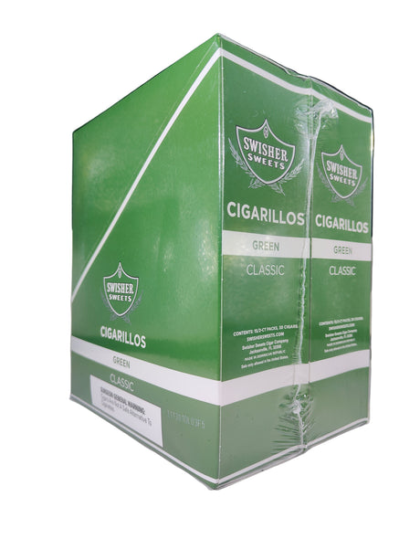 Angled overhead view of the Swisher Sweets Green cigarillos box in bright green and white. These classic machine-made cigarillos come in a wholesale 15-count box of 2-packs, perfect for retail counter displays.