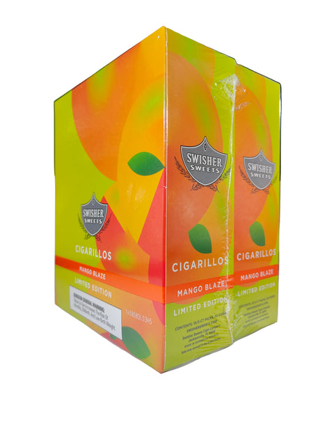 Front view of the Swisher Sweets Mango Blaze cigarillos box in bright orange and white. These classic machine-made cigarillos come in a wholesale 15-count box of 2-packs, perfect for retail counter displays.