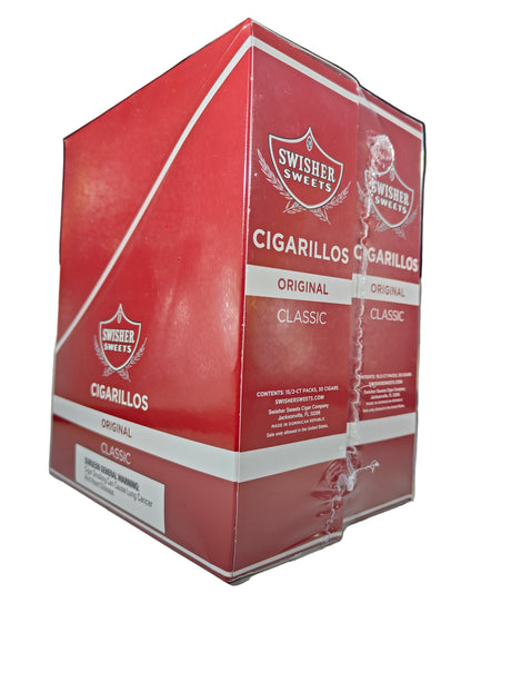 Front view of the Swisher Sweets Original cigarillos box in classic red and white. These classic machine-made cigarillos come in a wholesale 15-count box of 2-packs, perfect for retail counter displays.