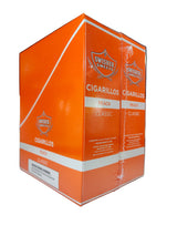 Angled front view of the Swisher Sweets Peach cigarillos box in warm orange and white. These classic machine-made cigarillos come in a wholesale 15-count box of 2-packs, perfect for retail counter displays.