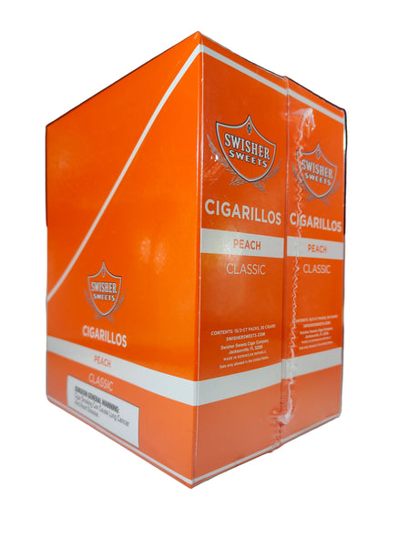 Angled front view of the Swisher Sweets Peach cigarillos box in warm orange and white. These classic machine-made cigarillos come in a wholesale 15-count box of 2-packs, perfect for retail counter displays.