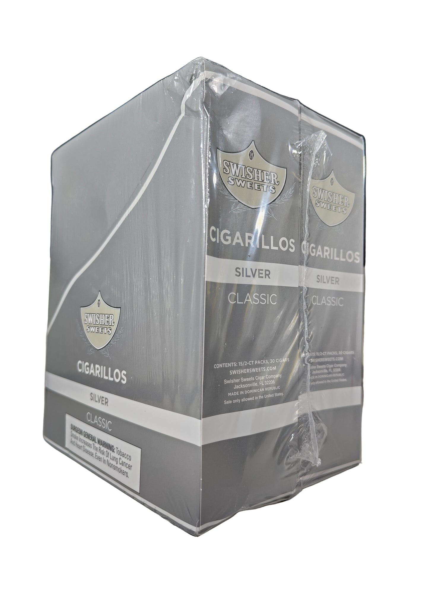 Angled view of the Swisher Sweets Silver cigarillos box in sleek silver and white. These classic machine-made cigarillos come in a wholesale 15-count box of 2-packs, perfect for retail counter displays.
