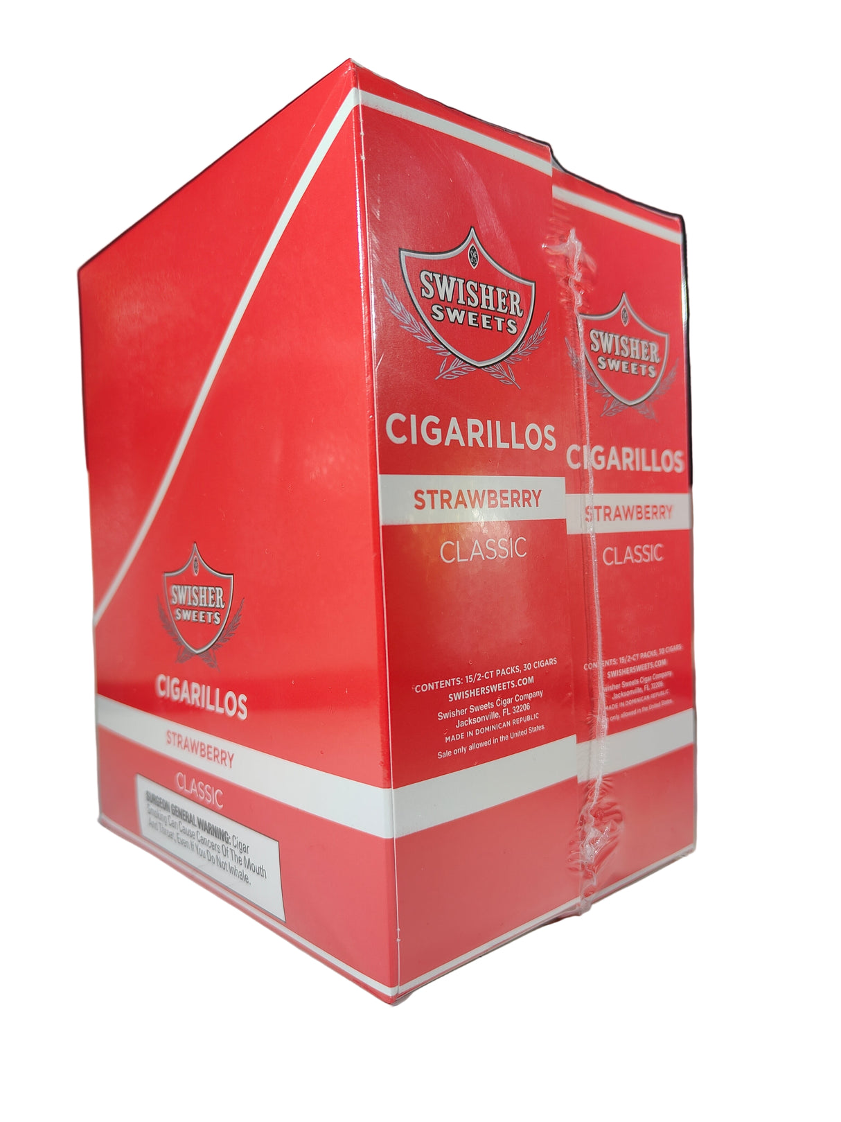 Angled overhead view of the Swisher Sweets Strawberry cigarillos box in bright pink-red and white. These classic machine-made cigarillos come in a wholesale 15-count box of 2-packs, perfect for retail counter displays.