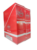 Angled overhead view of the Swisher Sweets Strawberry cigarillos box in bright pink-red and white. These classic machine-made cigarillos come in a wholesale 15-count box of 2-packs, perfect for retail counter displays.