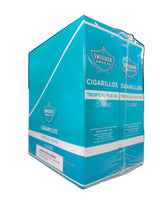 Front view of the Swisher Sweets Tropical Fusion cigarillos box in tropical coral and white. These classic machine-made cigarillos come in a wholesale 15-count box of 2-packs, perfect for retail counter displays.