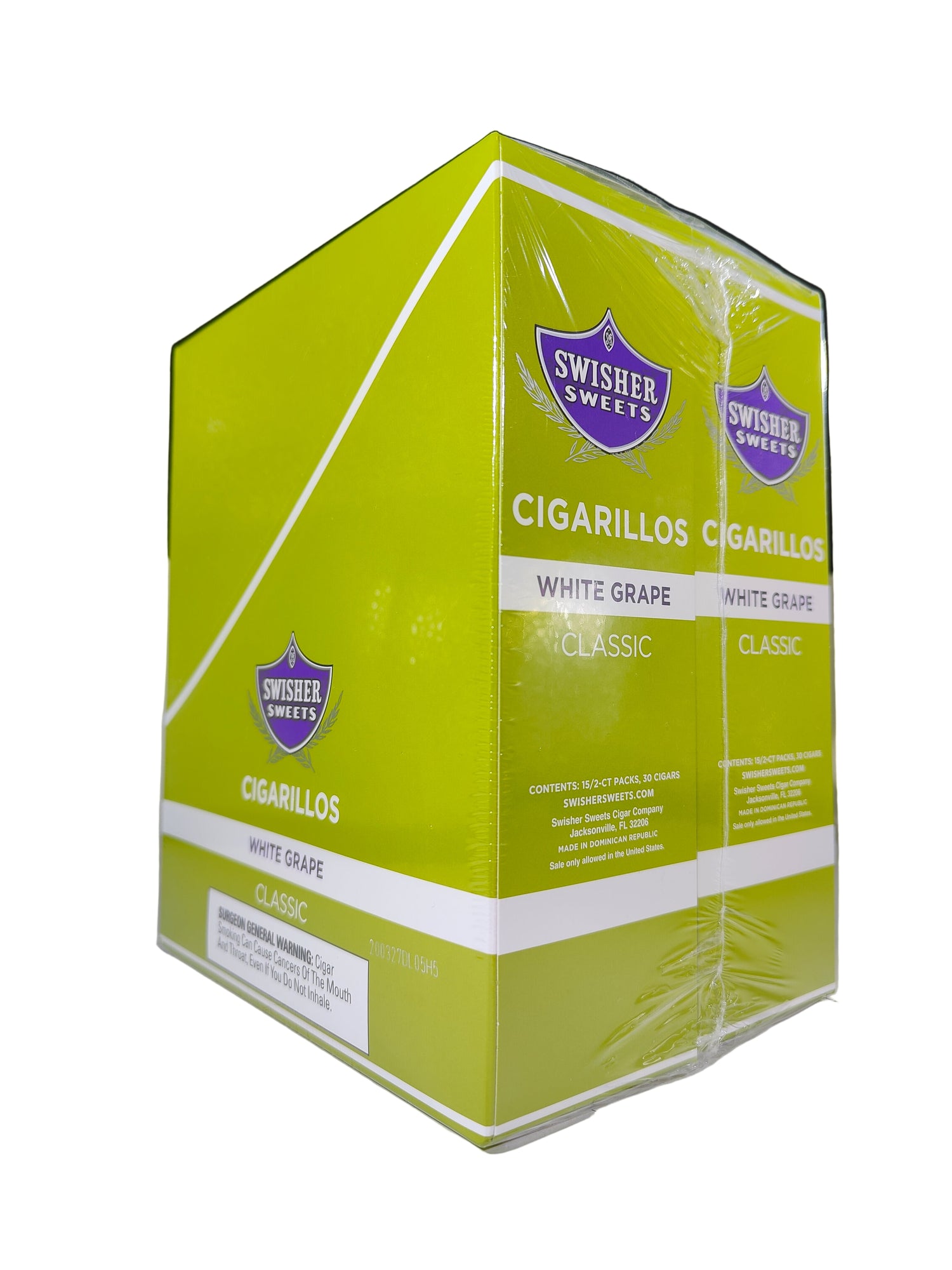 Front view of the Swisher Sweets White Grape cigarillos box in light green and white. These classic machine-made cigarillos come in a wholesale 15-count box of 2-packs, perfect for retail counter displays.