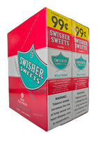 Angled front view of the Swisher Sweets Wild Rush cigarillos box in vibrant watermelon green and pink. These classic machine-made cigarillos come in a wholesale 15-count box of 2-packs, perfect for retail counter displays.