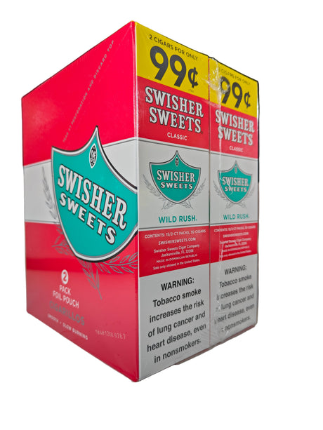 Angled front view of the Swisher Sweets Wild Rush cigarillos box in vibrant watermelon green and pink. These classic machine-made cigarillos come in a wholesale 15-count box of 2-packs, perfect for retail counter displays.