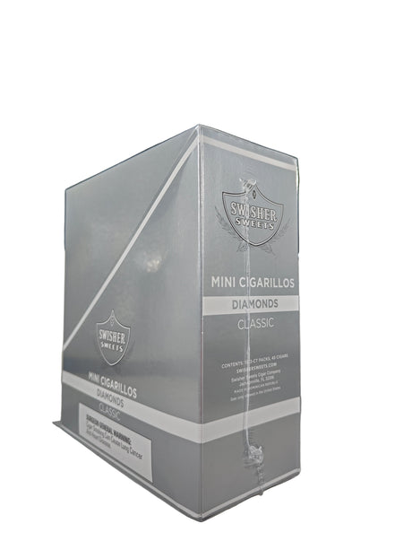 Angled view of the Swisher Sweets Diamonds mini cigarillos box in sleek silver and white. These popular machine-made mini cigarillos come in a wholesale 15-count box of 3-packs, offering a quick, flavorful smoke ideal for retail counter displays.