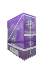 Angled front view of the Swisher Sweets Grape mini cigarillos box in vibrant purple and white. These popular machine-made mini cigarillos come in a wholesale 15-count box of 3-packs, offering a quick, flavorful smoke ideal for retail counter displays.