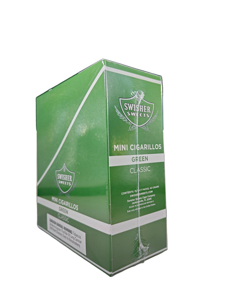 Front view of the Swisher Sweets Green mini cigarillos box in bright green and white. These popular machine-made mini cigarillos come in a wholesale 15-count box of 3-packs, offering a quick, flavorful smoke ideal for retail counter displays.