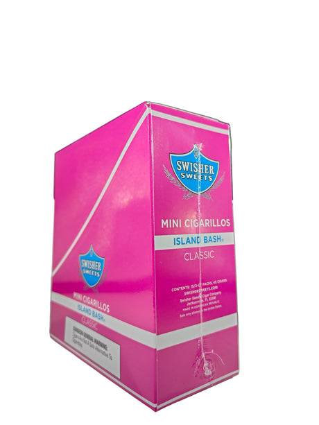 Angled overhead view of the Swisher Sweets Island Bash mini cigarillos box in tropical pink and white. These popular machine-made mini cigarillos come in a wholesale 15-count box of 3-packs, offering a quick, flavorful smoke ideal for retail counter displays.