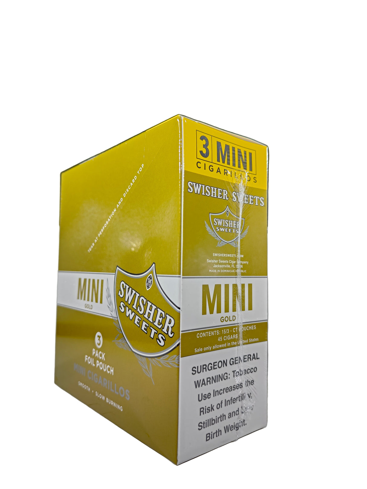 Angled overhead view of the Swisher Sweets Mini Gold mini cigarillos box in metallic gold and white. These popular machine-made mini cigarillos come in a wholesale 15-count box of 3-packs, offering a quick, flavorful smoke ideal for retail counter displays.
