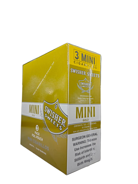 Angled overhead view of the Swisher Sweets Mini Gold mini cigarillos box in metallic gold and white. These popular machine-made mini cigarillos come in a wholesale 15-count box of 3-packs, offering a quick, flavorful smoke ideal for retail counter displays.