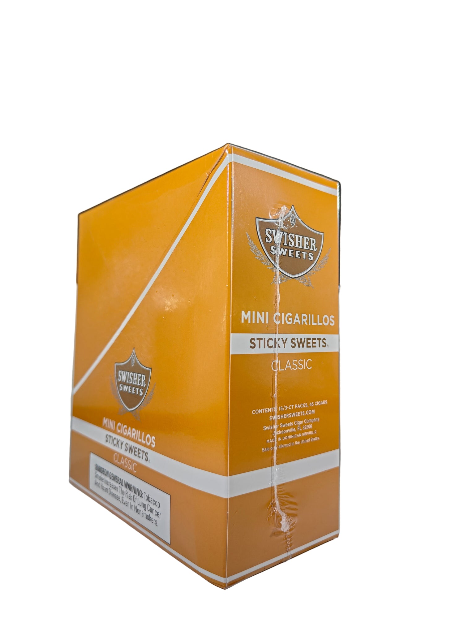 Front view of the Swisher Sweets Sticky Sweets mini cigarillos box in bold pink and white. These popular machine-made mini cigarillos come in a wholesale 15-count box of 3-packs, offering a quick, flavorful smoke ideal for retail counter displays.