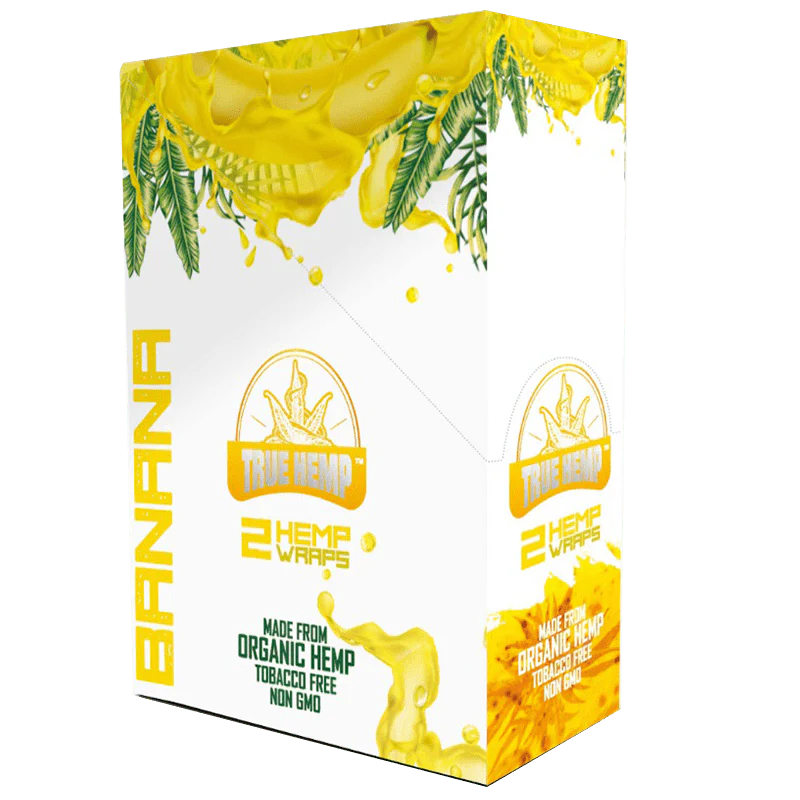 Box of True Hemp Banana-flavored wraps display box products with yellow and green design.