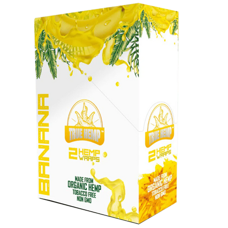 Box of True Hemp Banana-flavored wraps display box products with yellow and green design.