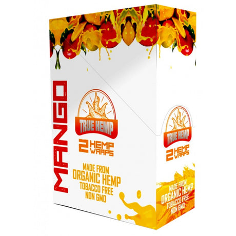 Box of True Hemp mango-flavored hemp wraps with mango graphics on a white background