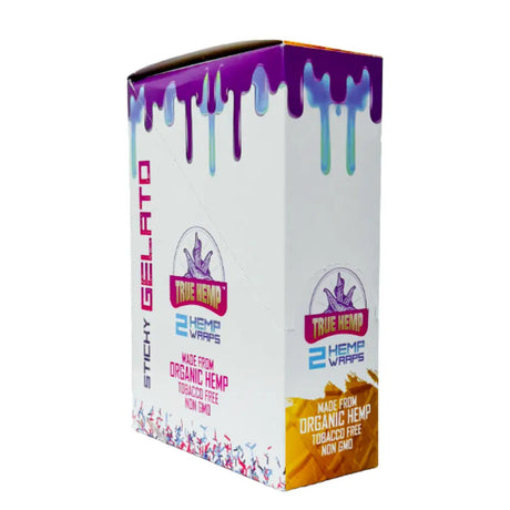 True Hemp Sticky Gelato wrap display box with purple and white packaging on a white background
