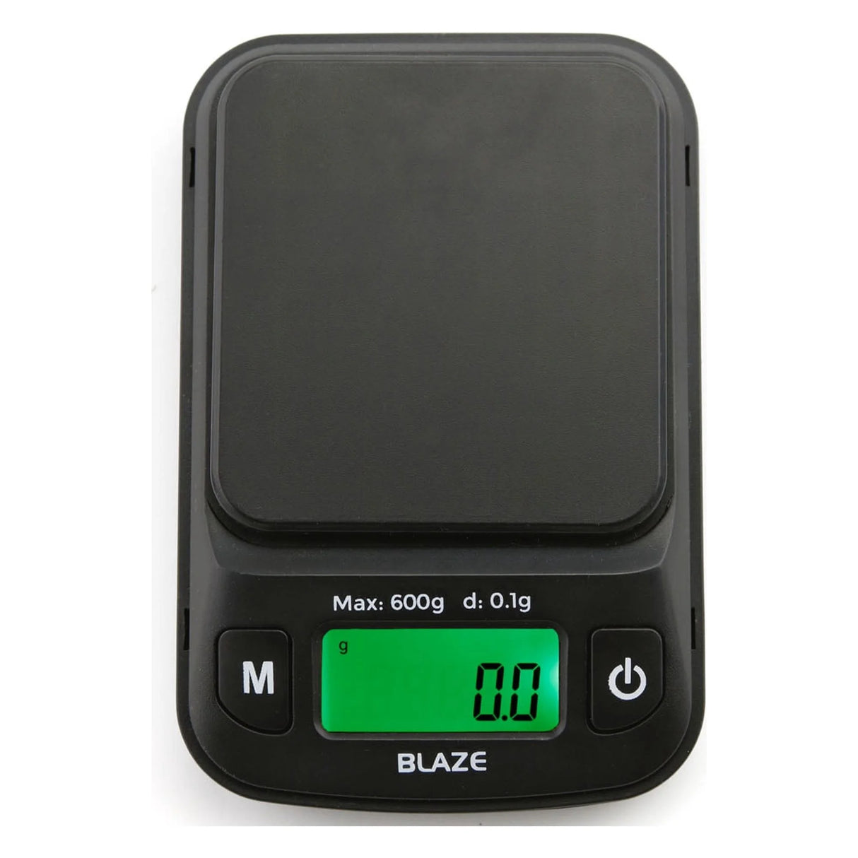 Angled overhead view of the Truweigh Blaze digital scale in black. This higher-capacity 600g x 0.1g variant is ideal for weighing larger quantities of herbs, bulk materials, or heavier items.