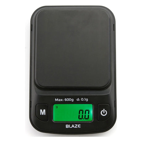 Angled overhead view of the Truweigh Blaze digital scale in black. This higher-capacity 600g x 0.1g variant is ideal for weighing larger quantities of herbs, bulk materials, or heavier items.