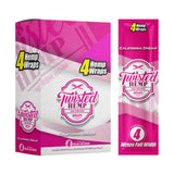 Angled front view of the Twisted california dream Hemp Wraps 15-count display box and single pack in pink and white packaging. These tobacco-free, all-natural hemp wraps offer a clean, unflavored, and slow-burning smoking experience.