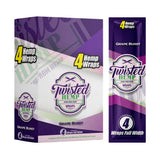 Angled front view of the Twisted grape burst Hemp Wraps 15-count display box and single pack in purple and white packaging. These tobacco-free, all-natural hemp wraps offer a clean, unflavored, and slow-burning smoking experience.