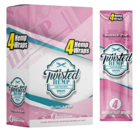 Front angled view of the Twisted Hemp Bubble Pop Wraps 15-count display carton in bright pink and blue packaging. This structurally rigid, 100% hemp non-tobacco alternative is infused with distinct bubblegum terpenes and contains four tear-resistant wraps per resealable pouch.