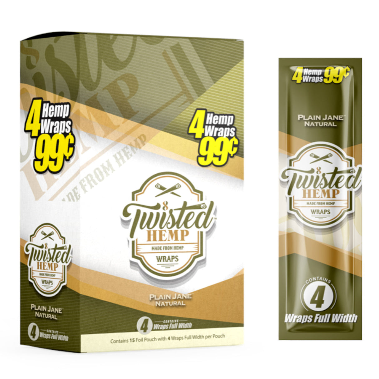 Angled front view of the Twisted plain jane Hemp Wraps 15-count display box and single pack in green and brown packaging. These tobacco-free, all-natural hemp wraps offer a clean, unflavored, and slow-burning smoking experience.
