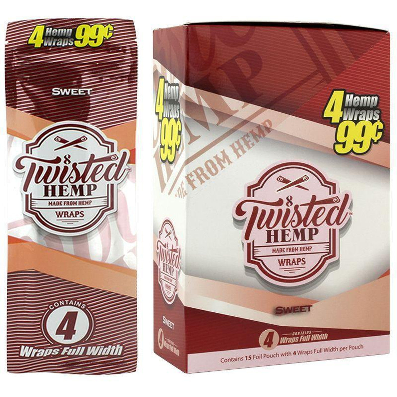 Angled front view of the Twisted sweet Hemp Wraps 15-count display box and single pack in red and white packaging. These tobacco-free, all-natural hemp wraps offer a clean, unflavored, and slow-burning smoking experience.