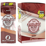 Angled front view of the Twisted sweet Hemp Wraps 15-count display box and single pack in red and white packaging. These tobacco-free, all-natural hemp wraps offer a clean, unflavored, and slow-burning smoking experience.