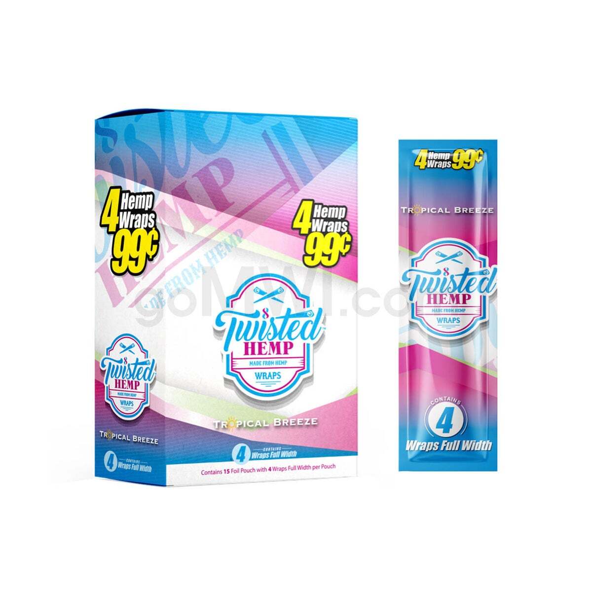 Angled front view of the Twisted Tropical Breeze Hemp Wraps 15-count display box and single pack in blue and pink packaging. These tobacco-free, all-natural hemp wraps offer a clean, unflavored, and slow-burning smoking experience.