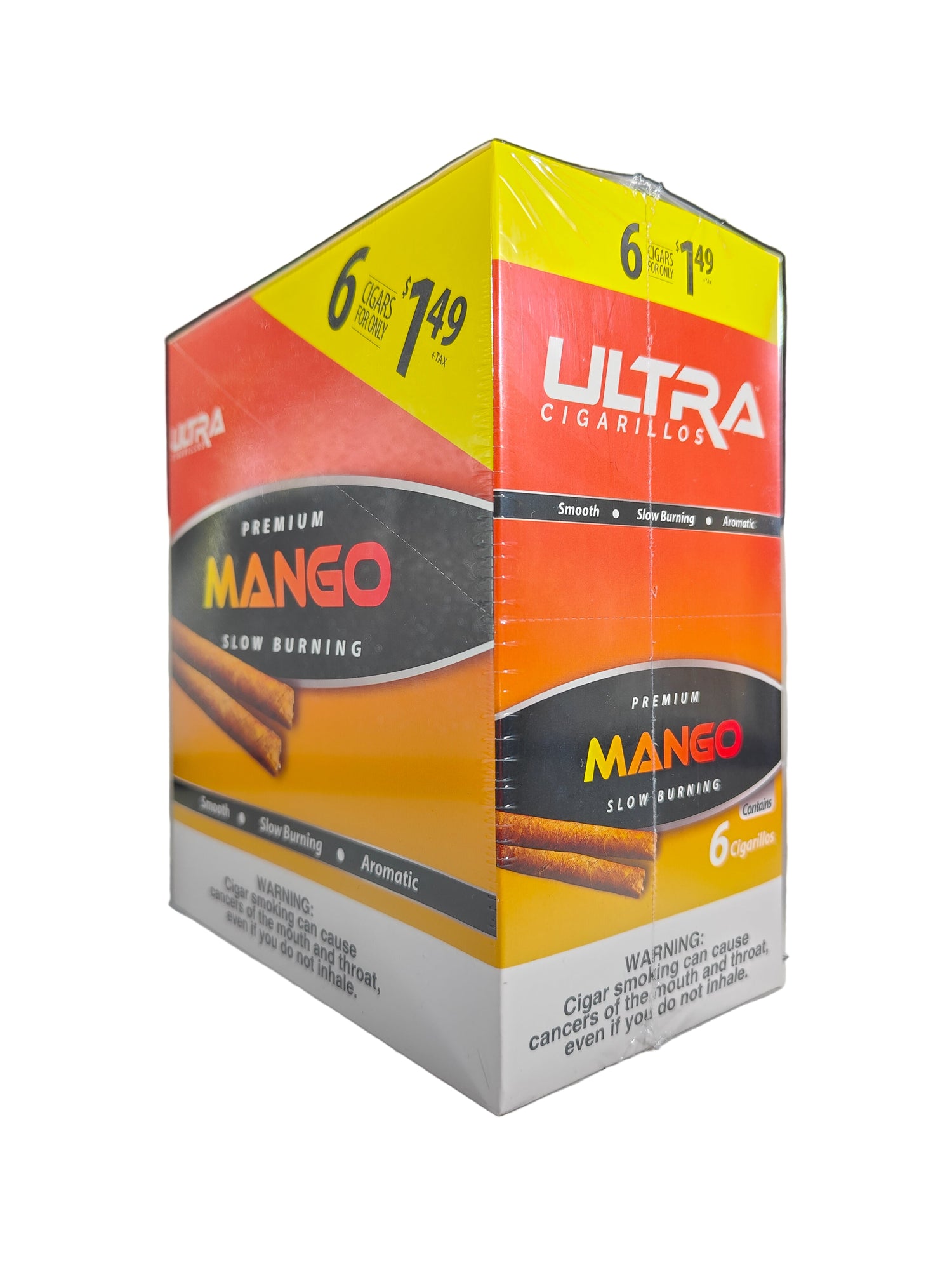 Angled overhead view of the Ultra Premium Mango cigarillos box in vibrant yellow and orange. These premium machine-made cigarillos come in a wholesale 15-count box of 6-packs, perfect for keeping retail counter displays fully stocked.